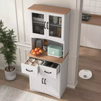 23 Wooden Kitchen Cabinet, Pantry Microwave Cabinet with Glass Doors and Drawers, Adjustable Shelves, White