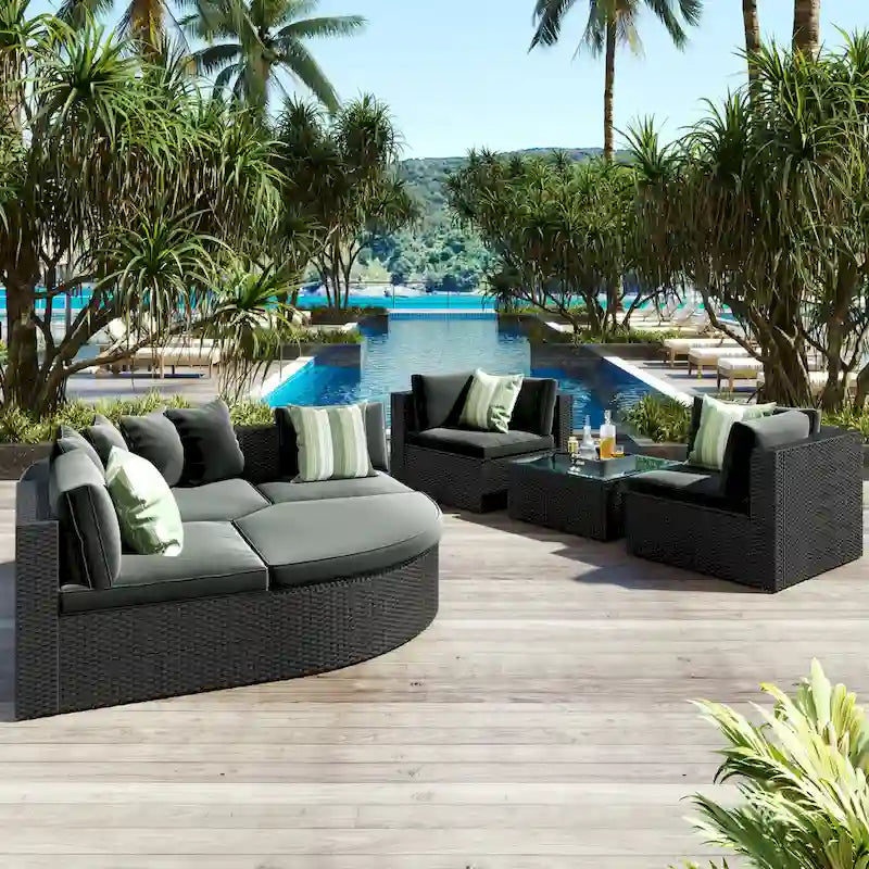 Modern 7-Piece Outdoor Wicker Sofa Set with Coffee Table, Cushions, and Striped Pillows, Suitable for Patio, Garden, Deck