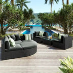 Modern 7-Piece Outdoor Wicker Sofa Set with Coffee Table, Cushions, and Striped Pillows, Suitable for Patio, Garden, Deck