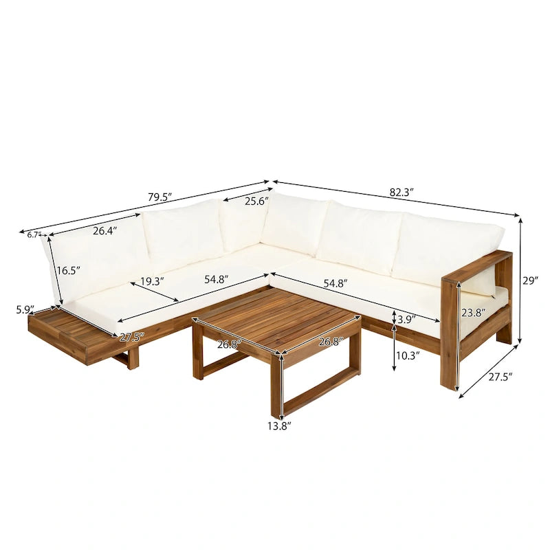 L-shape Sectional Sofa Set Patio Couch Set with Table, Wooden Lounge Chaise Sofa Outdoor 4-piece Conversation Sets
