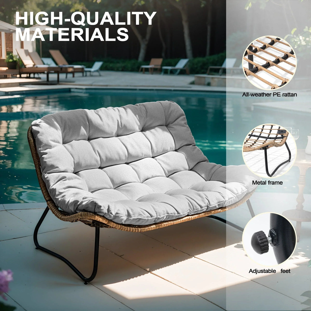 Double Papasan Chair Loveseat with Cushion, All-weather PE Rattan and Metal Frame for Indoor Outdoor