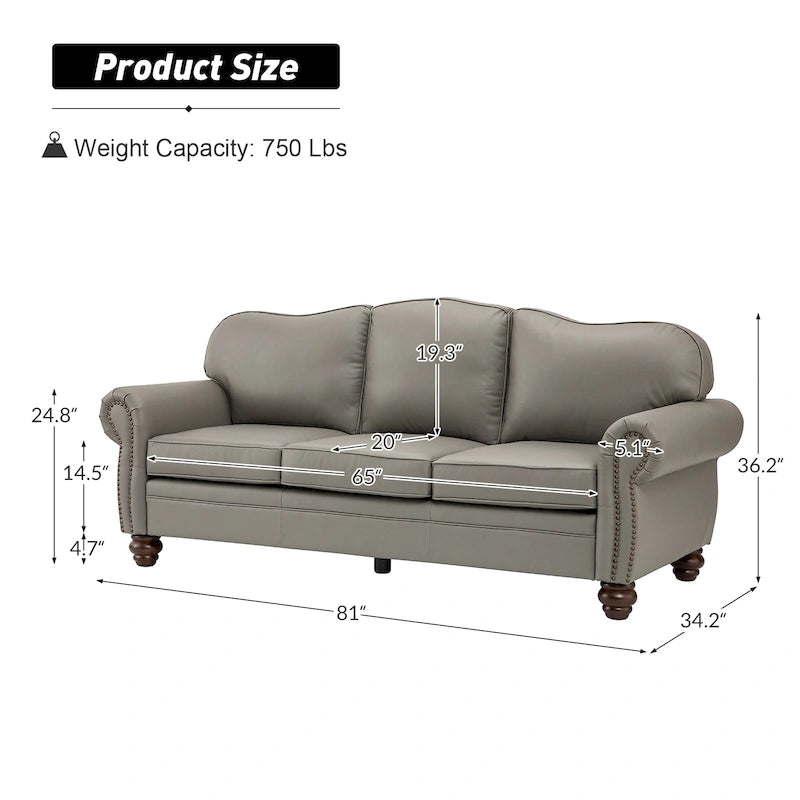 Balvino 81 Wide Transitional Genuine Leather Rolled Arm Sofa with Nailhead Trim and Removable Cushions