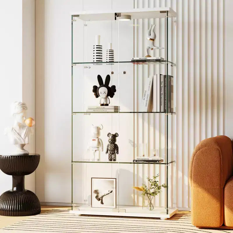 4-Tier Tempered Glass Display Cabinet, Full-Glass Curio Case with LED Lights & Human Body Sensor, Storage Cabinet for Collectibles & Decor