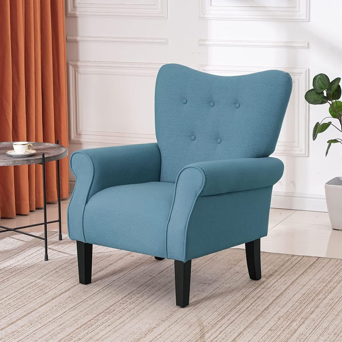 Erommy Modern Accent Chair, High Back Armchair, Upholstered Fabric Button Single Sofa with Wooden Legs for Living Room