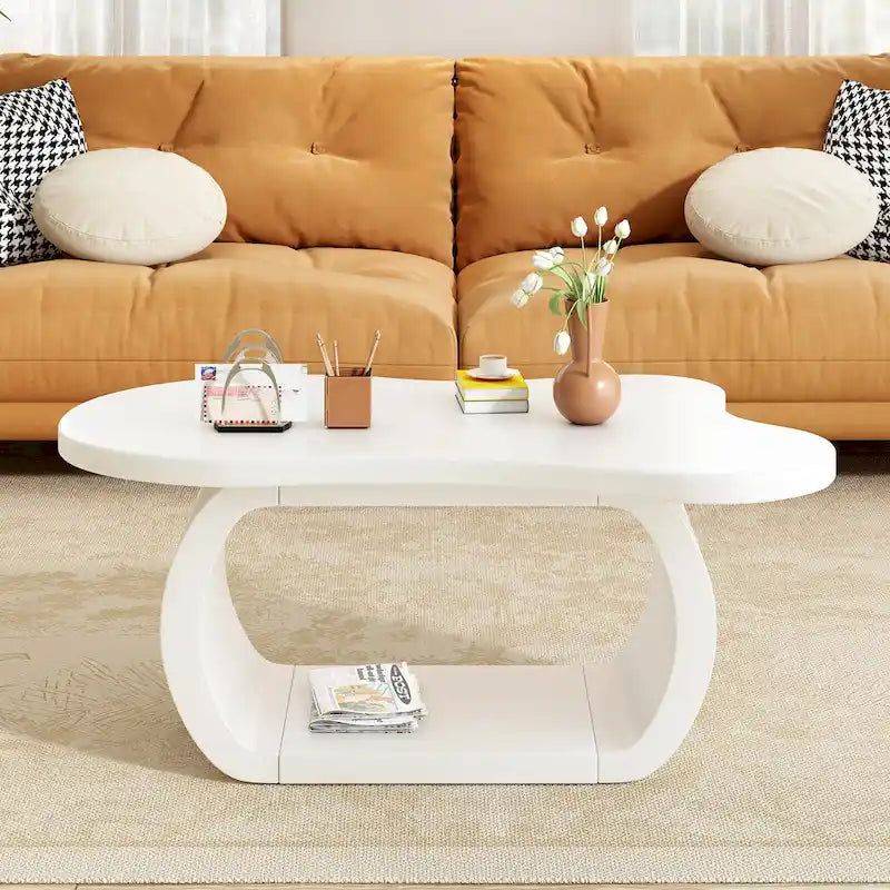 Modern Cloud Coffee Table with 1.5 Thick Tabletop,Cream Style Irregular End Table with Curved Legs,Unique Design Accent Table