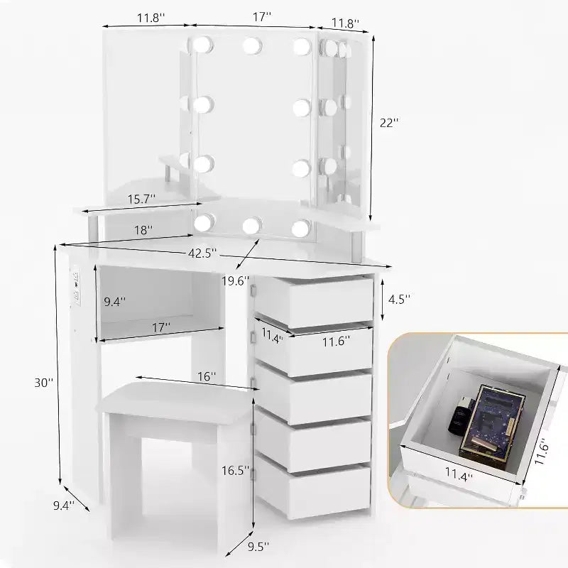 Corner Makeup Vanity Desk with Lights, Dressing Table with Power Outlet and Rotating Drawers for Bedroom