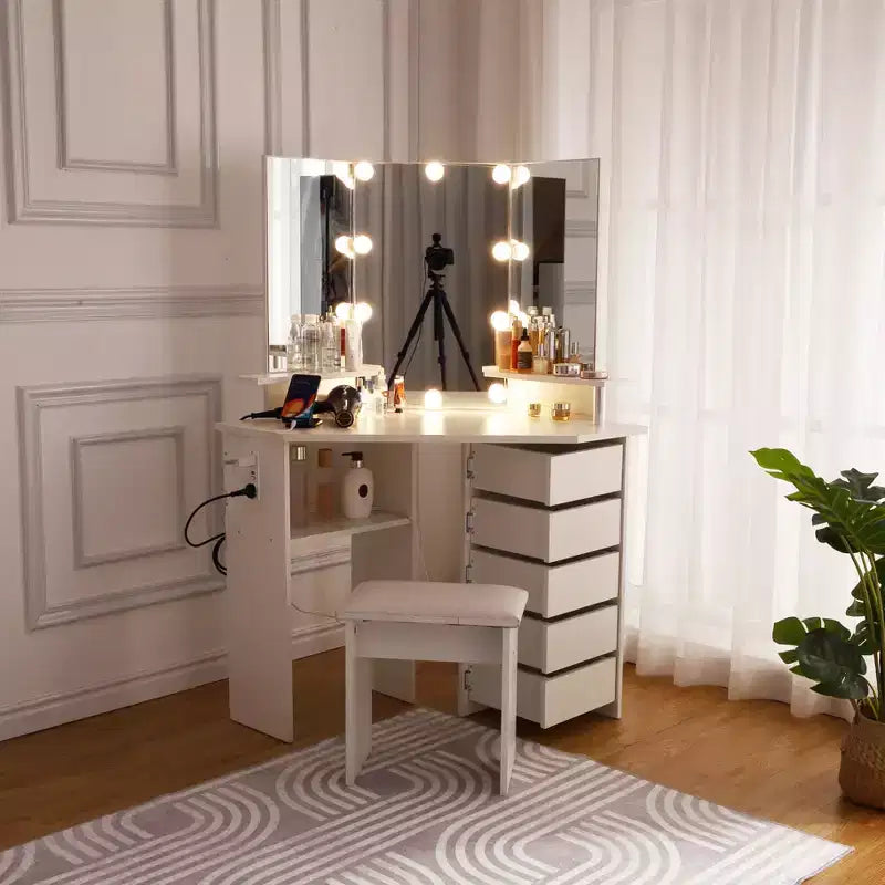 Corner Makeup Vanity Desk with Lights, Dressing Table with Power Outlet and Rotating Drawers for Bedroom