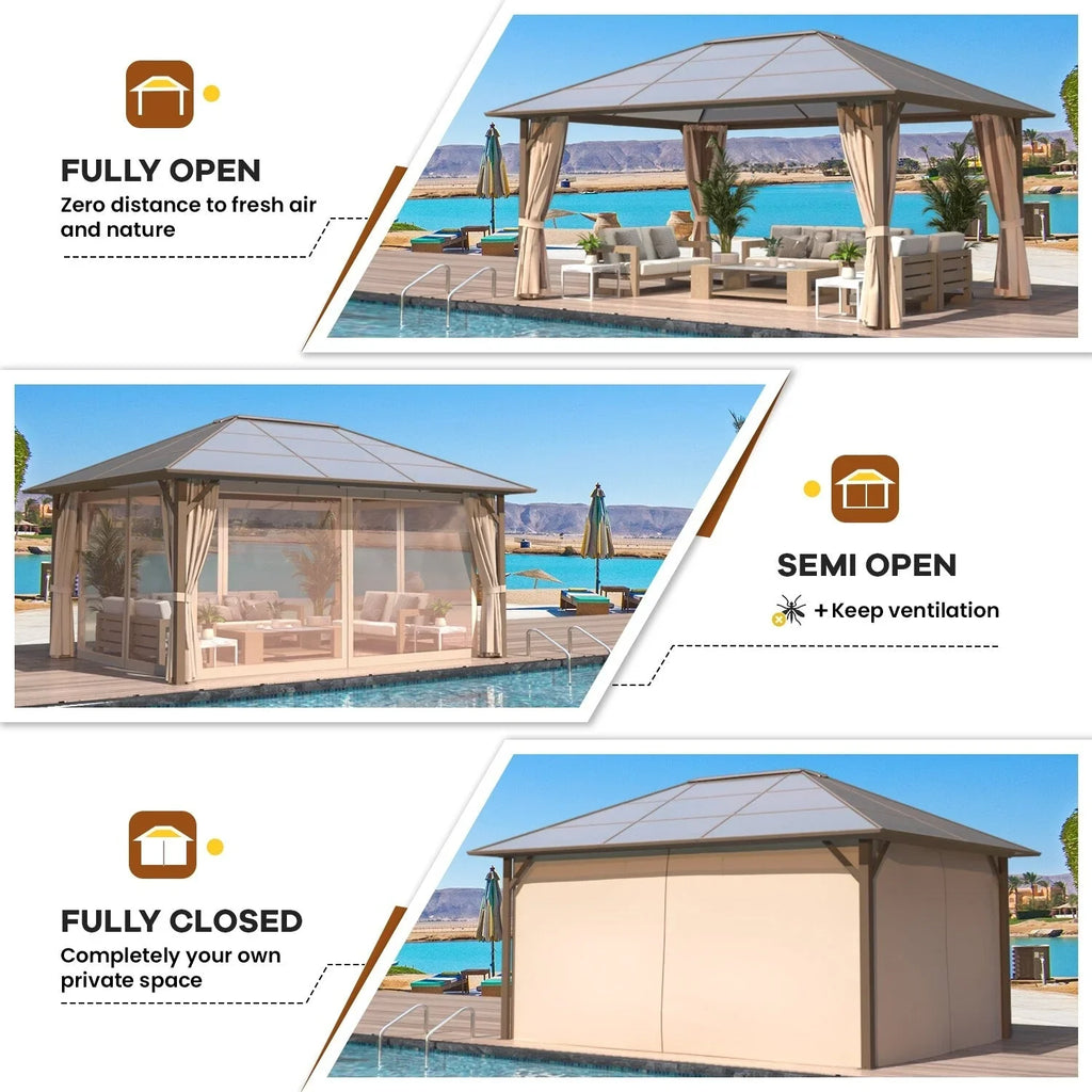 EROMMY Hardtop Gazebo,Outdoor Pergola with Double Roof & Netting & Curtains,Heavy Duty Canopy for Patio, Backyard, Pool party