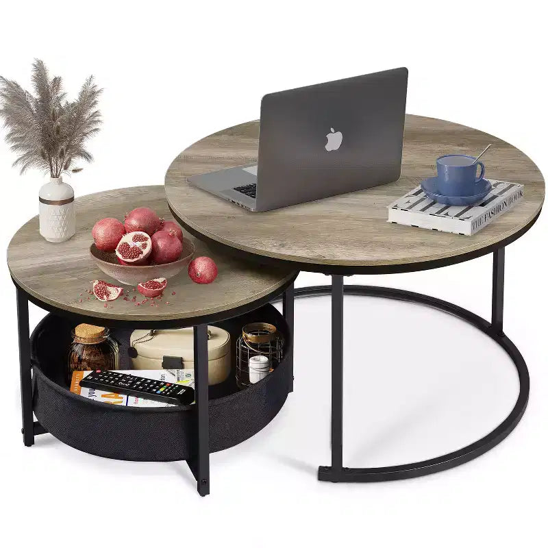 GALAXHERO Set of 2 Nesting Round Coffee Tables - 31.5 Center Tables with Storage & Metal Frame for Living Room/Apartment