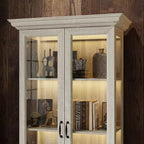 Famapy Bookcase Gray Oak Glass Display Cabinet wLED Light Strip, Tall Bookshelf with Doors Curio Storage Cabinet