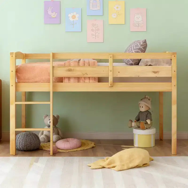 Luxystar Twin Size Solid Wood Loft Bed with Ladder and Fence for Kids Room