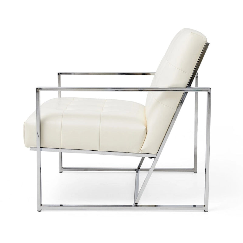 Glitzhome 30.50H Cream Mid-Century PU Leather Tufted Accent Chair with Chrome Plated Frame