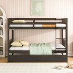 Twin Over Twin Modern Wood Bunk Bed with Trundle, Convertible into 2 Beds