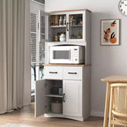 23 Wooden Kitchen Cabinet, Pantry Microwave Cabinet with Glass Doors and Drawers, Adjustable Shelves, White