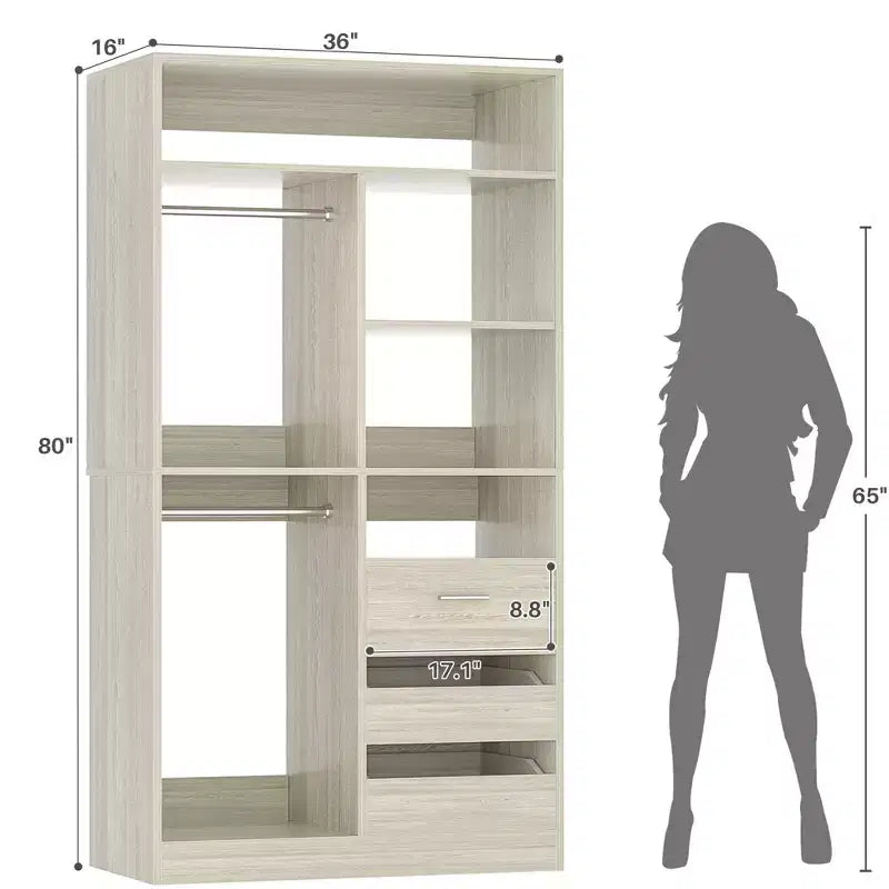 Closet Organizer with Wood Drawers, Freestanding Closet System with Hanging Rods