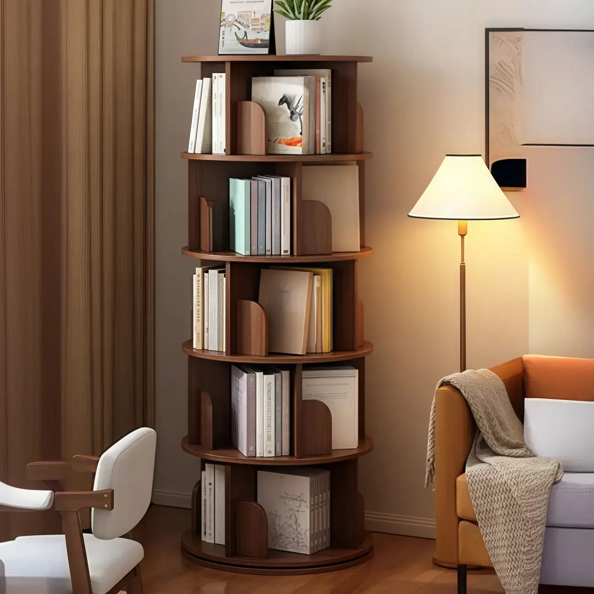 Brown Cylindrical Wooden Rotating Open-Back Bookcase