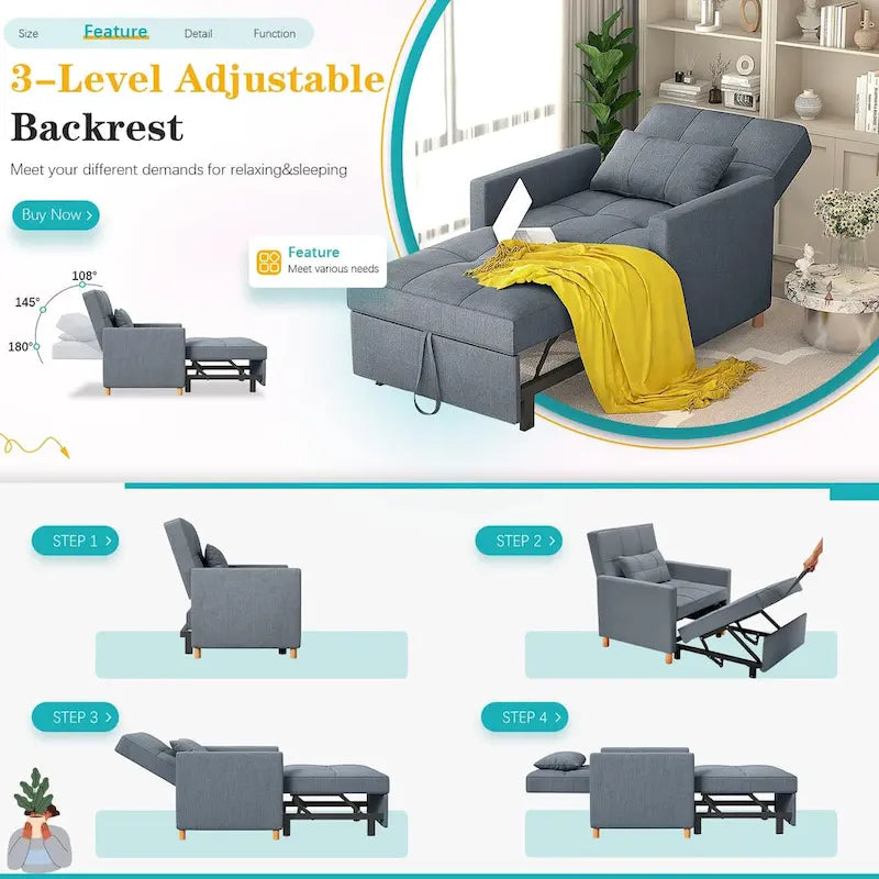 AECOJOY 3 in 1 Sleeper Sofa Chair w/ Pillow &Convertible Backrest