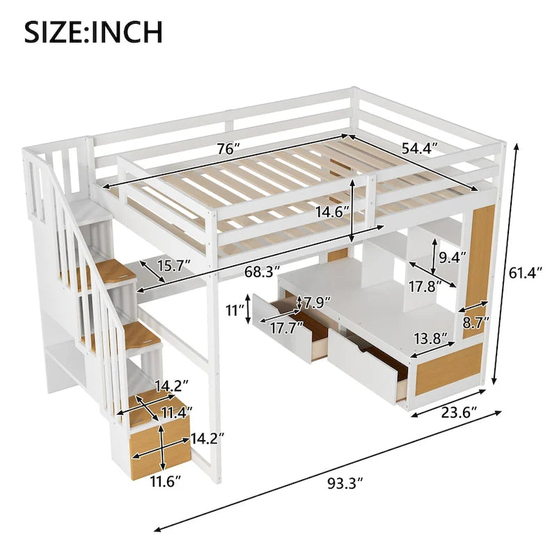 Natural+White Full Solid Wood Loft Bed with Desk & Drawers