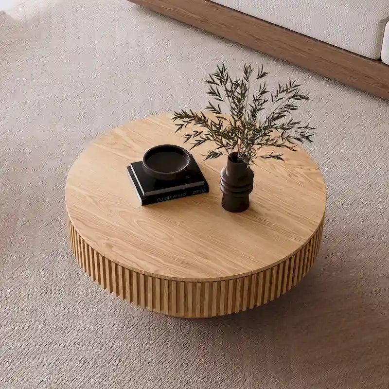 Modern Solid Wood Veneered Round Coffee Tea Table with Storage