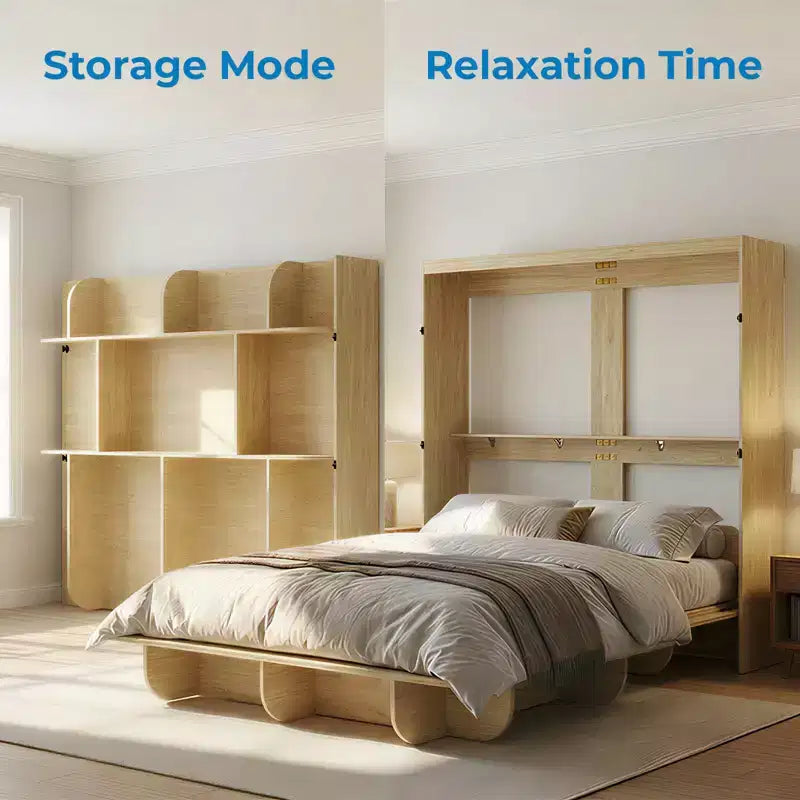 2-in-1 Invisible Murphy Bed with Shelf Storage, Queen Size, Natural Wood (Mattress Not Included)
