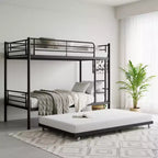 MAYEERTY Twin Size Black Metal Bunk Bed with Trundle Ladder Full Length Guardrail Noise Free No Box Spring Needed