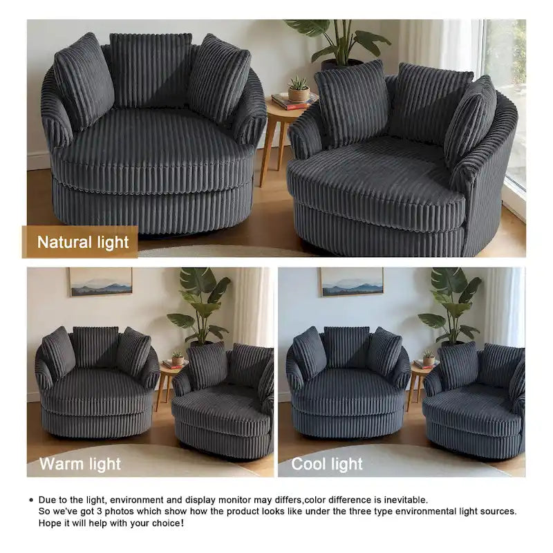 2 Set Oversized 43 W Plush Corduroy Swivel Barrel Chair with Pillows