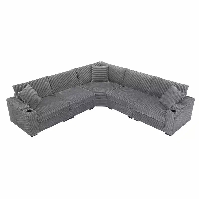 106 Convertible L Shaped Sectional Sofa Corduroy Corner Couch with Armrest Storage Cup Holders USB Charger Oversized Comfy Modular Sofa