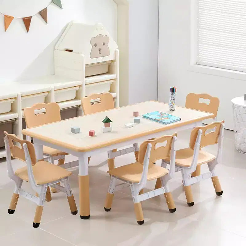 Kids Table and 6 Chairs Set, Height Adjustable Toddler Table and 6 Chair Set for Ages 2-10 for for Crafts and Study, Graffiti Desktop, Non-Slip Legs