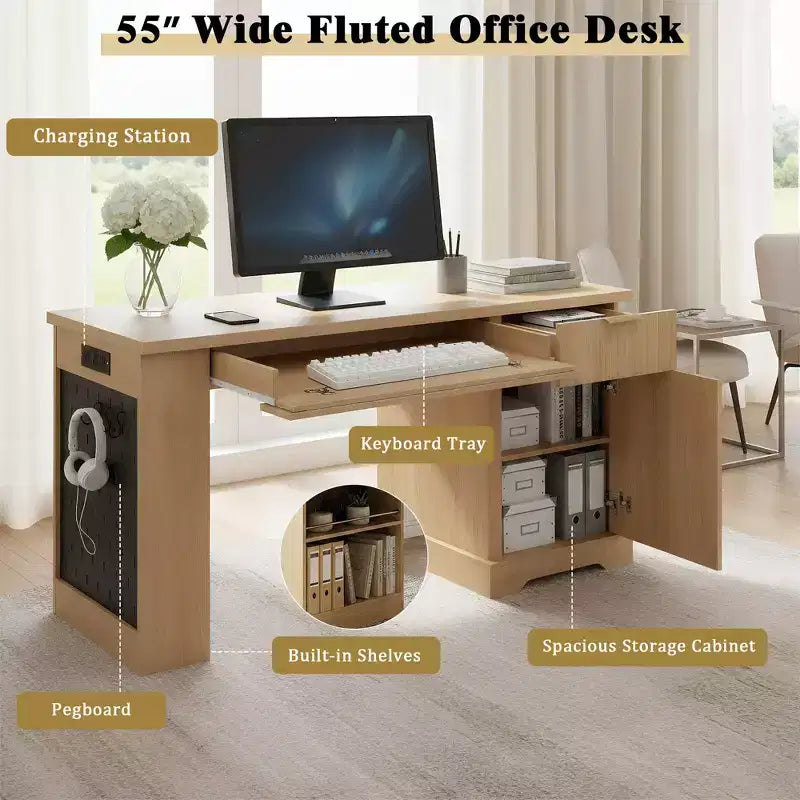 GDFStudio Haoran 55 Modern Fluted Office Desk with Power Outlet, Keyboard Tray, Door and Drawers
