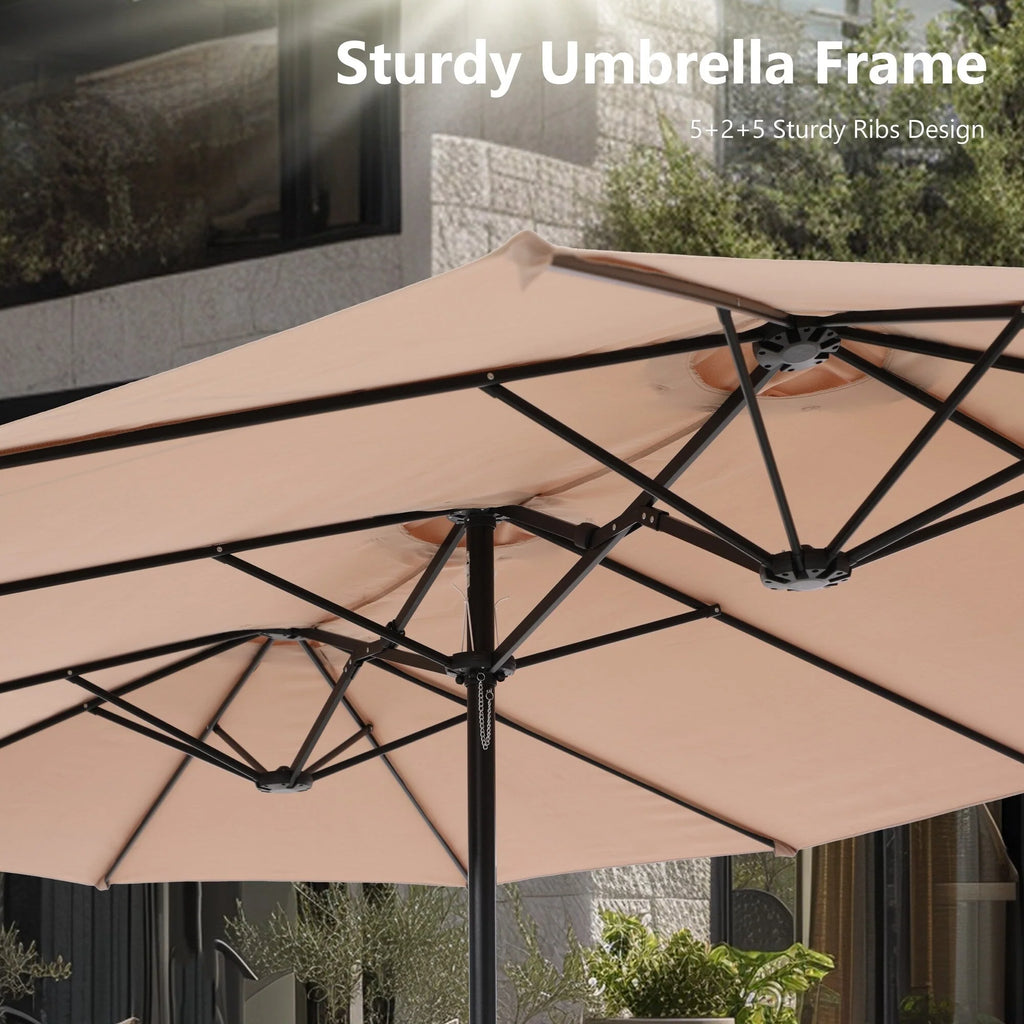 15-foot Rectangular Crank Double-sided Outdoor Market Umbrella Solar LED Lighted Patio Umbrella with Base Included