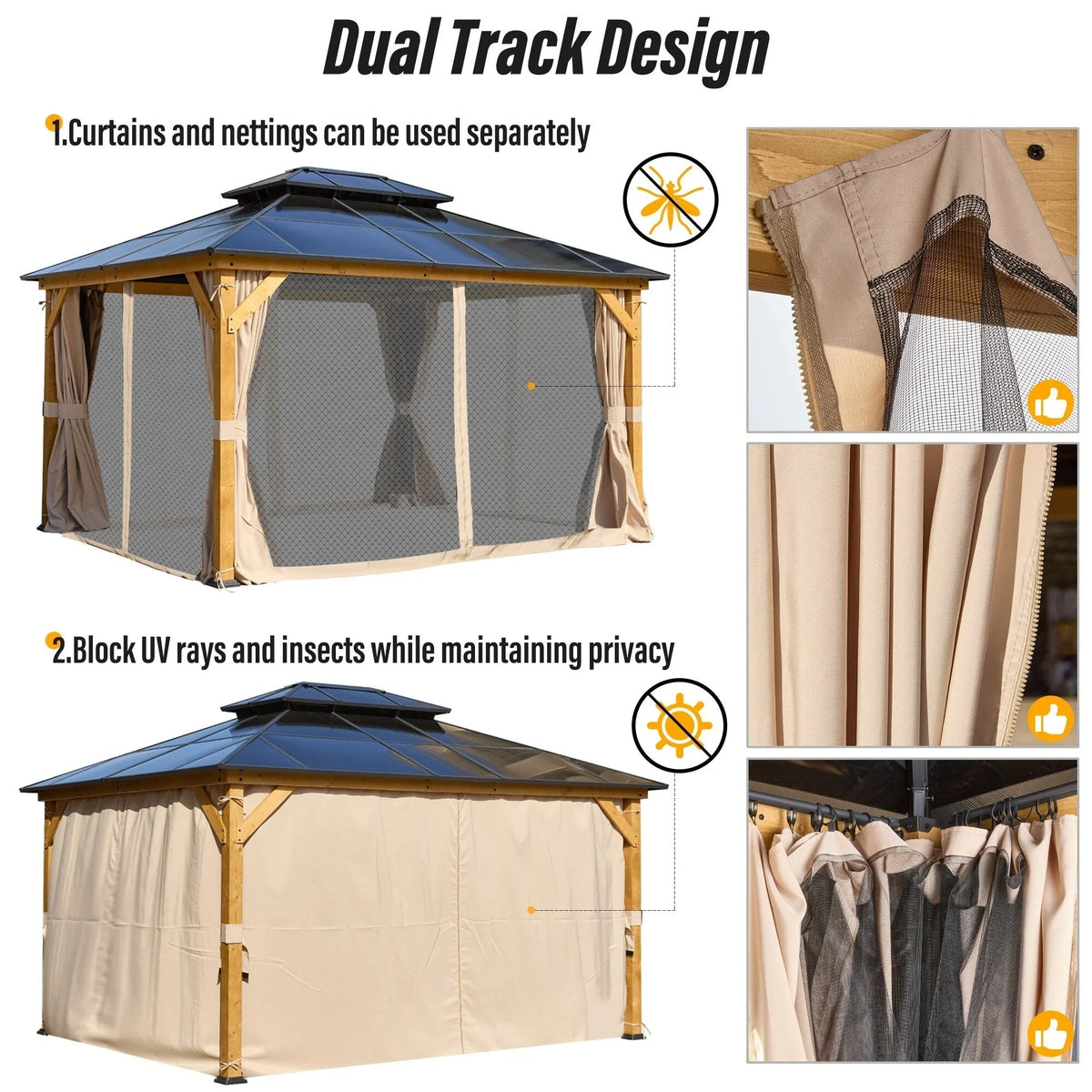 EROMMY Hardtop Gazebo,Outdoor Pergola with Double Roof & Netting & Curtains,Heavy Duty Canopy for Patio, Backyard, Pool party