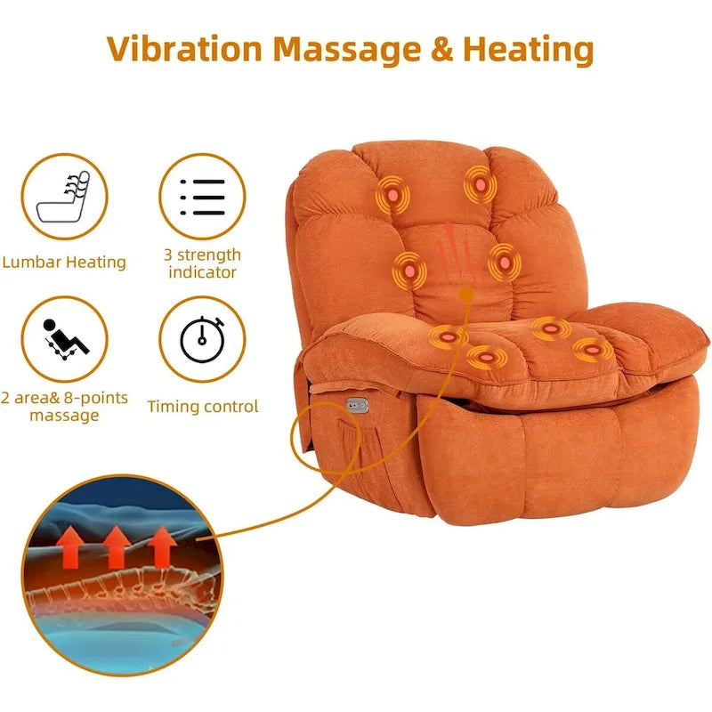 XINMICS Swivel Power Recliner Chair, Massage Rocker Recliners with Heated ,USB, USB-C and Side Pocket