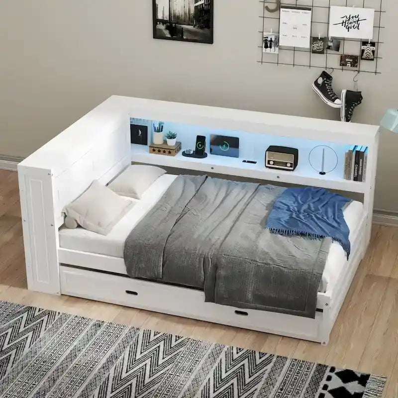 Full Daybed with Shelves, USB Charging, LED Lights & Twin Trundle