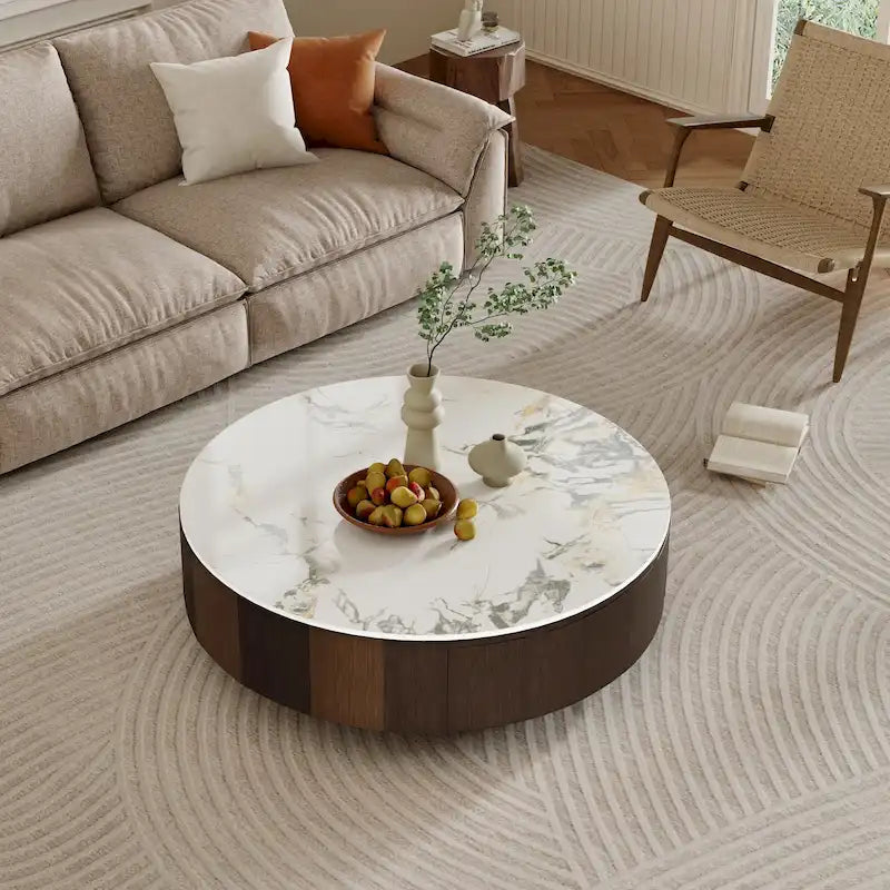 35 Modern Faux Marble Round Coffee Table, White Glossy Sintered Stone Tabletop, Mid Century Table with Solid Wood Drawer