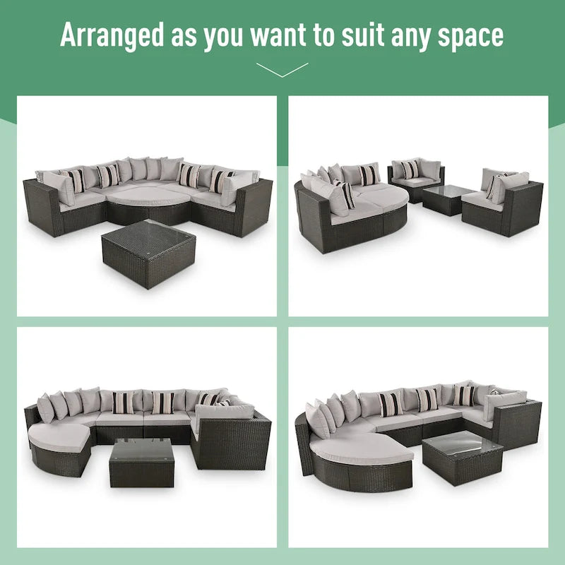 Modern 7-Piece Outdoor Wicker Sofa Set with Coffee Table, Cushions, and Striped Pillows, Suitable for Patio, Garden, Deck