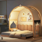 Solid Wood Playhouse Platform Bed Floor Montessori Bed Frame with Arched Roof and Trundle for Girls and Boys