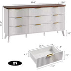 Fluted 9-Drawer Dresser, 60.6 Wide Wood Chest of Drawers with Deep Storage, for Bedroom, Living Room, or Hallway Use