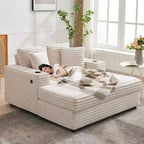 Corduroy 3-Seat Lounge Sofa with Cup Holders & Charging Ports