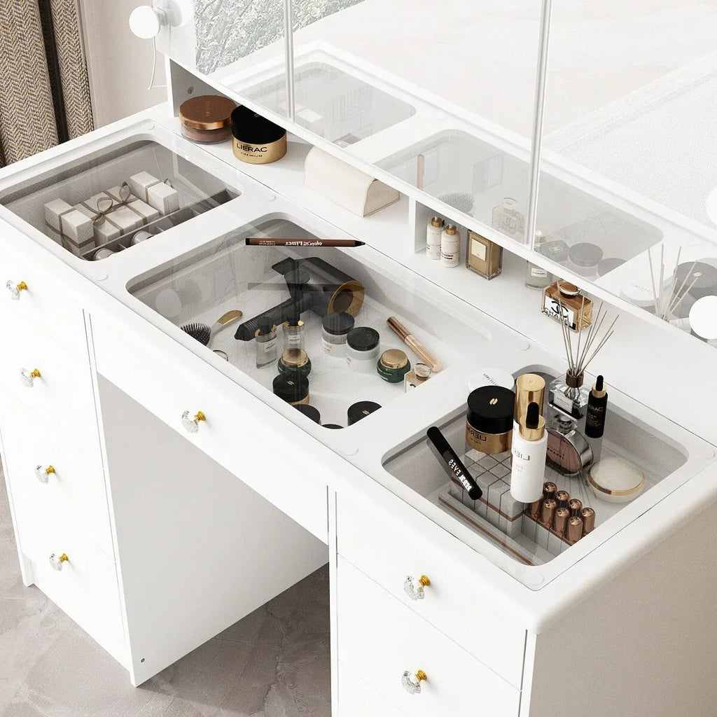 Makeup Vanity w/Tri-Fold Mirror Certified Lighting Glass Top Dresser