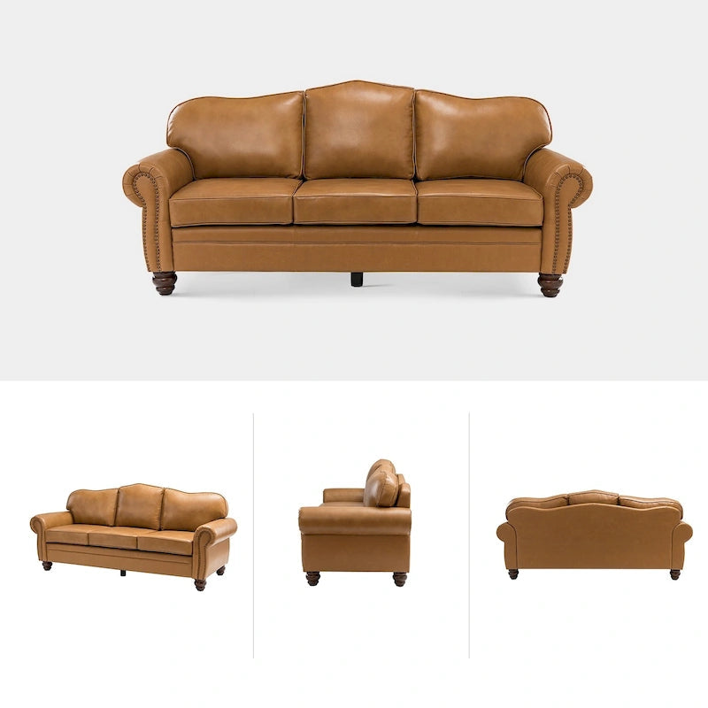 Balvino 81 Wide Transitional Genuine Leather Rolled Arm Sofa with Nailhead Trim and Removable Cushions
