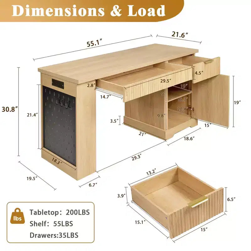 GDFStudio Haoran 55 Modern Fluted Office Desk with Power Outlet, Keyboard Tray, Door and Drawers