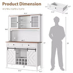 72 Farmhouse Bar Cabinet with Sliding Barn Door  Large Kitchen Buffet with Hutch, Charging Station, 2 Drawers & 8 Storage Shelves  Coffee