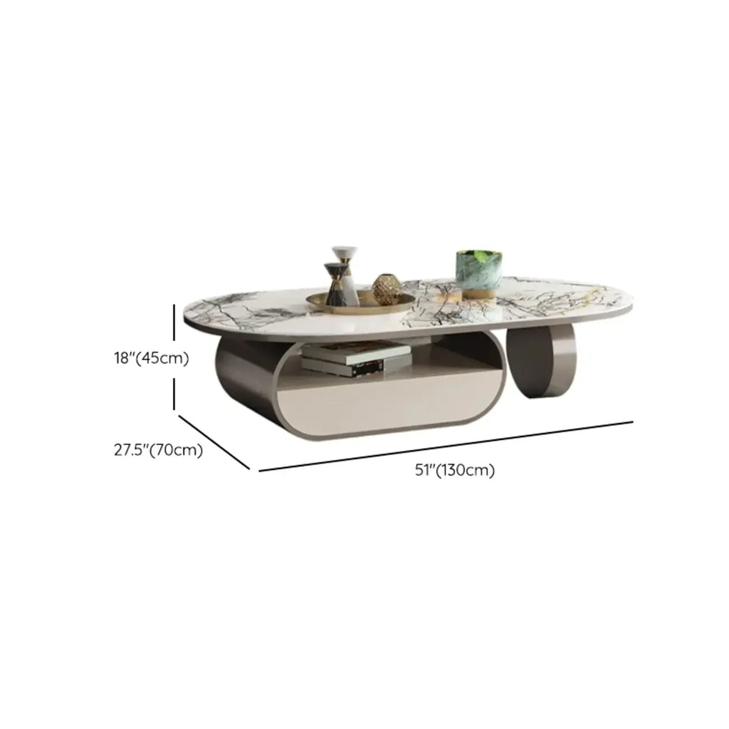 Contemporary Unique Marble Top Oval Coffee Table with Drawer