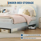 Cute Kids Bed Frame - Adjustable adorable bear design, suede upholstery, storage drawers, solid wood slats, quiet design, easy to assemble.