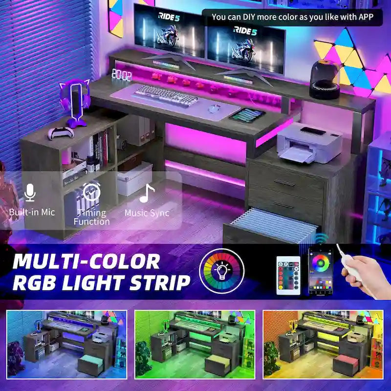 65 L-Shaped Corner Desk with RGB LED, Monitor Stand & Storage Cabinet â€?1-Person | White / Oak / Charcoal Grey / Black