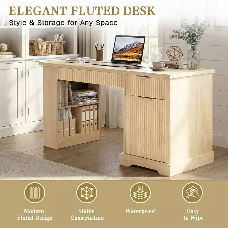 GDFStudio Haoran 55 Modern Fluted Office Desk with Power Outlet, Keyboard Tray, Door and Drawers
