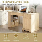 GDFStudio Haoran 55 Modern Fluted Office Desk with Power Outlet, Keyboard Tray, Door and Drawers