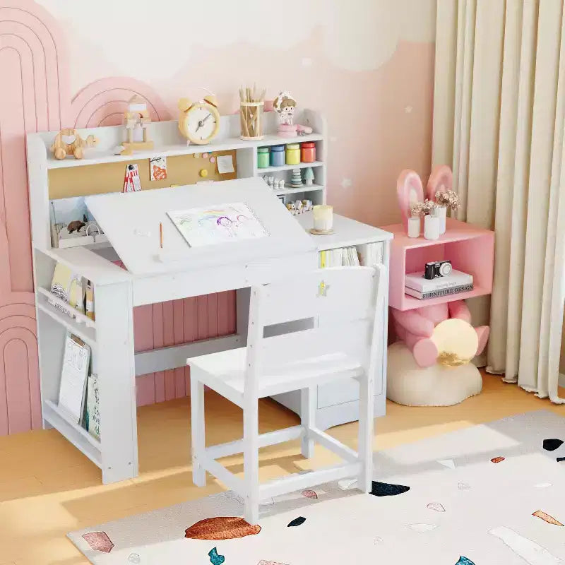Kids Study Desk & Chair Set with Storage, Kids Study Desk with Hutch and Tiltable, Wooden Children Table with Storage Cabinet for 3-8 Years Old