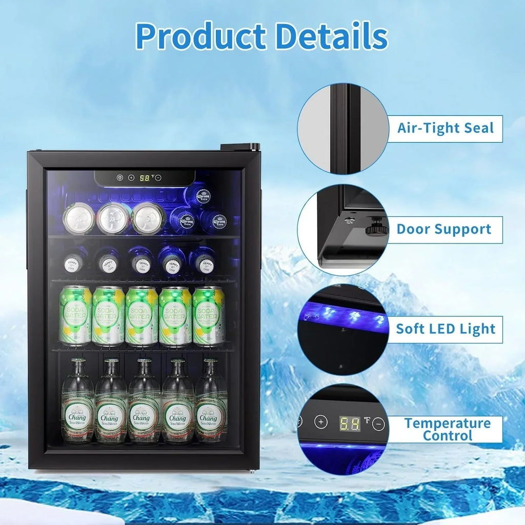 Mini Fridge-100 Can Beverage Refrigerator, Wine Cooler, Clear Front Glass Door, Small Drink Touch Screen - 2.6 Cu. Ft.