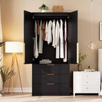 2-Door Wardrobe Cabinet with 3 Drawers & Hanging Rod